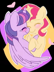 Size: 768x1024 | Tagged: safe, artist:misshoneypot, banned from derpibooru, deleted from derpibooru, derpibooru import, sunset shimmer, twilight sparkle, twilight sparkle (alicorn), alicorn, pony, blushing, crying, cuddling, eyes closed, female, lesbian, shipping, sunsetsparkle, tears of joy