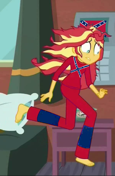 Size: 426x648 | Tagged: safe, banned from derpibooru, deleted from derpibooru, derpibooru import, sunset shimmer, equestria girls, barefoot, confederate flag, feet, pjs, spoilers for another series