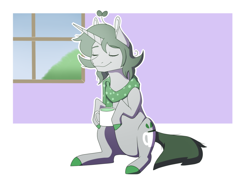 Size: 1280x960 | Tagged: safe, artist:gabby-skies, banned from derpibooru, deleted from derpibooru, derpibooru import, oc, pony, unicorn, clothes, coffee mug, female, mare, mug, scarf, sitting, solo