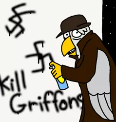 Size: 475x500 | Tagged: safe, banned from derpibooru, deleted from derpibooru, derpibooru import, gryphon, a. wyatt mann, bowler hat, caught, clothes, coat, doing, drawing, grin, hat, jew, judaism, looking at you, looking back, meme, /mlpol/, nazi, overcoat, /pol/, rabbi, sharp teeth, smiling, solo, spray can, swastika, synagogue, teeth, vandalism, whatcha, wide eyes