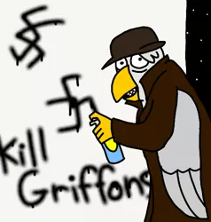 Size: 475x500 | Tagged: safe, artist:a. wyatt mann, banned from derpibooru, deleted from derpibooru, derpibooru import, gryphon, /mlpol/, /pol/, bowler hat, caught, clothes, coat, doing, drawing, griffons as jews stereotype, grin, hat, image, jew, judaism, looking at you, looking back, meme, nazi, overcoat, png, rabbi, sharp teeth, smiling, solo, spray can, swastika, synagogue, teeth, vandalism, whatcha, wide eyes