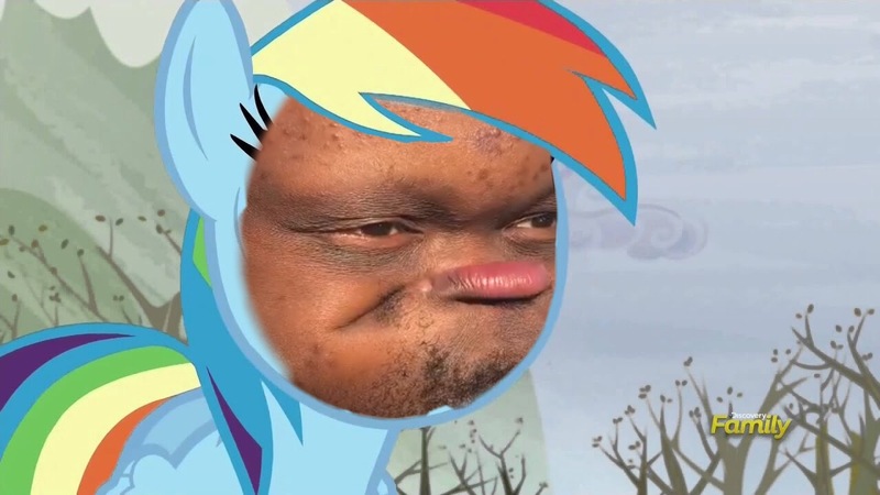 Size: 1280x720 | Tagged: safe, banned from derpibooru, deleted from derpibooru, derpibooru import, edit, rainbow dash, human, pony, face edit, nightmare fuel, shitposting, solo, why