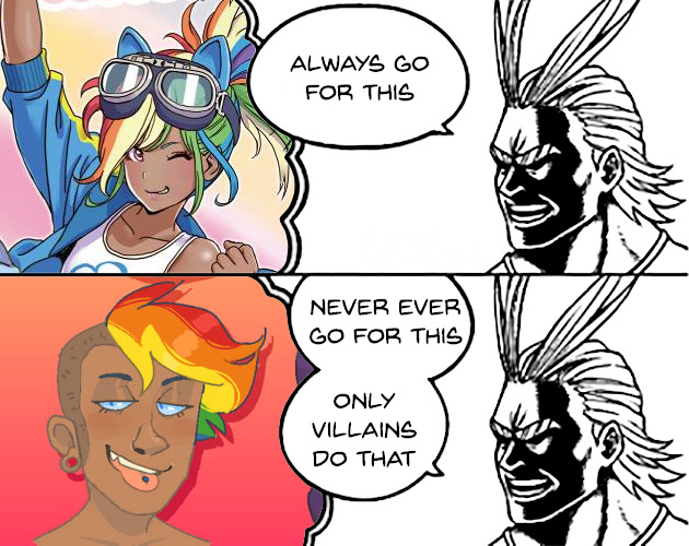 Size: 630x500 | Tagged: safe, artist:undeaddoktor, banned from derpibooru, deleted from derpibooru, derpibooru import, edit, rainbow dash, human, all might, comparison, dark skin, exploitable meme, humanized, meme, my hero academia