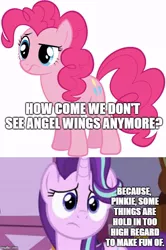 Size: 500x752 | Tagged: safe, banned from derpibooru, deleted from derpibooru, derpibooru import, edit, edited screencap, screencap, angel wings, pinkie pie, starlight glimmer, pony, unicorn, apology, caption, comic, image macro, impact font, op feels sorry, op is sad, screencap comic, text
