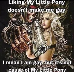 Size: 484x474 | Tagged: suggestive, banned from derpibooru, deleted from derpibooru, derpibooru import, human, barely pony related, bone, caption, gay, gun, image macro, male, needs more jpeg, no pony, obligatory pony, skeleton, text, weapon