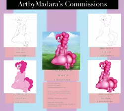 Size: 2000x1800 | Tagged: suggestive, artist:madara, banned from derpibooru, deleted from derpibooru, derpibooru import, pinkie pie, anthro, earth pony, advertisement, ass, balloonbutt, breasts, butt, commission, commission info, commission open, detailed background, exposed breasts, feet, makeup, sideboob, tail