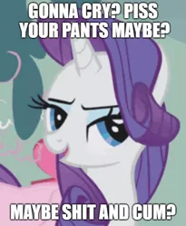 Size: 613x746 | Tagged: episode needed, suggestive, banned from derpibooru, deleted from derpibooru, derpibooru import, edit, edited screencap, screencap, rarity, caption, cropped, gonna cry?, image macro, implied crying, implied cum, implied poop, implied urine, lidded eyes, meme, solo, text, vulgar