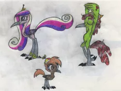 Size: 1879x1413 | Tagged: safe, artist:smcho1014, banned from derpibooru, deleted from derpibooru, derpibooru import, button mash, princess cadance, tree hugger, bird, roadrunner, birdified, colored pencil drawing, eyes closed, female, male, my little roadrunner, species swap, traditional art, yoga