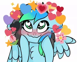 Size: 1080x870 | Tagged: safe, artist:kiruart, banned from derpibooru, deleted from derpibooru, derpibooru import, oc, oc:kiru, unofficial characters only, pegasus, pony, blushing, cheek squish, emoji, heart eyes, solo, squishy cheeks, wingding eyes, wreath