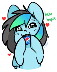 Size: 946x1200 | Tagged: safe, artist:kiruart, banned from derpibooru, deleted from derpibooru, derpibooru import, oc, oc:kiru, unofficial characters only, pegasus, pony, bepis, chibi, drinking, heart, solo, text