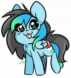 Size: 1094x1200 | Tagged: safe, artist:kiruart, banned from derpibooru, deleted from derpibooru, derpibooru import, oc, oc:kiru, unofficial characters only, pegasus, pony, :3, chibi, heart, solo, text, tongue out