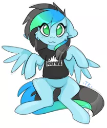 Size: 1638x1962 | Tagged: safe, artist:kiruart, banned from derpibooru, deleted from derpibooru, derpibooru import, oc, oc:kiru, unofficial characters only, pegasus, pony, clothes, fortnite, shirt, sitting, solo