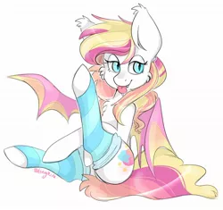Size: 2012x1888 | Tagged: safe, artist:kiruart, banned from derpibooru, deleted from derpibooru, derpibooru import, oc, oc:sunset starburst, unofficial characters only, bat pony, pony, bat pony oc, bat wings, clothes, leg in air, sitting, socks, striped socks, tongue out, wings
