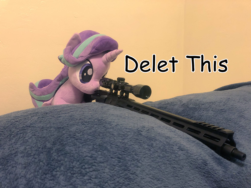 Size: 2048x1536 | Tagged: safe, banned from derpibooru, deleted from derpibooru, derpibooru import, edit, starlight glimmer, pony, ar15, caption, delet this, exploitable meme, gun, image macro, irl, meme, photo, plushie, snipelight glimmer, text, weapon