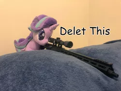 Size: 2048x1536 | Tagged: safe, banned from derpibooru, deleted from derpibooru, derpibooru import, edit, starlight glimmer, pony, ar15, caption, delet this, exploitable meme, gun, image macro, irl, meme, photo, plushie, snipelight glimmer, text, weapon