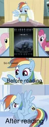 Size: 917x2391 | Tagged: safe, banned from derpibooru, deleted from derpibooru, derpibooru import, screencap, fluttershy, pinkie pie, rainbow dash, pony, before and after, blindsight, existential crisis, exploitable meme, meme, peter watts, reading, reading rainbow