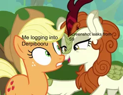 Size: 926x719 | Tagged: safe, artist:countcoltnackh, banned from derpibooru, deleted from derpibooru, derpibooru import, edit, edited screencap, screencap, applejack, autumn blaze, earth pony, kirin, pony, derpibooru, sounds of silence, spoiler:s09, boop, bush, caption, cowboy hat, cutie mark, exploitable meme, freckles, hat, image macro, looking at each other, meme, meta, meta meme, stetson, text, tree