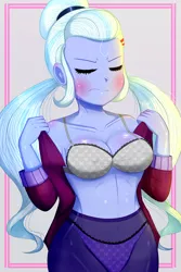 Size: 3543x5315 | Tagged: suggestive, artist:the-butch-x, banned from derpibooru, deleted from derpibooru, derpibooru import, sugarcoat, equestria girls, belly button, blushing, bra, breasts, busty sugarcoat, clothes, crystal prep academy uniform, eyes closed, female, leggings, nipples, nudity, panties, school uniform, solo, solo female, sweater, underwear