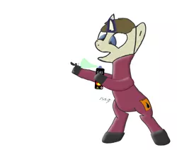Size: 1818x1541 | Tagged: safe, artist:c00lguy, banned from derpibooru, deleted from derpibooru, derpibooru import, oc, oc:crude oil, pony, unicorn, blue eyes, boots, brown hair, clothes, fire, gloves, happy, magic, oil, open mouth, pyro, rubber, shoes, simple background, standing up, telekinesis, tf2 reference, this will end in death, this will end in tears, this will end in tears and/or death, to be continued, white background