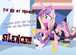 Size: 1312x953 | Tagged: safe, artist:trini-mite, banned from derpibooru, deleted from derpibooru, derpibooru import, king sombra, princess cadance, princess flurry heart, pony, spoiler:s09, abuse, ankle cuffs, caddybuse, chains, collar, cuffs, horn, horn ring, magic suppression, messy mane, offscreen character, ring, the legend of zelda, zelda cdi, zelda: the wand of gamelon