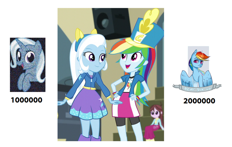 Size: 1068x678 | Tagged: safe, artist:kilka-chan-yana, banned from derpibooru, deleted from derpibooru, derpibooru import, edit, rainbow dash, trixie, human, equestria girls, friendship games, 1000000, 2000000, clothes, collage, epic get, female, get, image, mosaic, never give up, png, simple background, white background