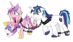 Size: 1640x963 | Tagged: safe, artist:trini-mite, banned from derpibooru, deleted from derpibooru, derpibooru import, princess cadance, princess flurry heart, shining armor, pony, ankle cuffs, background removed, bound together, chains, collar, cuffs, horn, horn ring, implied king sombra, linked collars, magic suppression, ring, simple background, slave, transparent background
