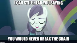 Size: 890x500 | Tagged: safe, banned from derpibooru, deleted from derpibooru, derpibooru import, edit, edited screencap, editor:chameleonbreeze, screencap, coloratura, the mane attraction, caption, fleetwood mac, image macro, lyrics, rara, solo, song, text, the chain