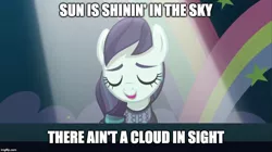 Size: 890x500 | Tagged: safe, banned from derpibooru, deleted from derpibooru, derpibooru import, edit, edited screencap, editor:chameleonbreeze, screencap, coloratura, the mane attraction, caption, electric light orchestra, image macro, lyrics, mr. blue sky, rara, solo, song, text