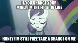 Size: 890x500 | Tagged: safe, banned from derpibooru, deleted from derpibooru, derpibooru import, edit, edited screencap, editor:chameleonbreeze, screencap, coloratura, the mane attraction, abba, caption, image macro, jackie chan, lyrics, rara, solo, song, take a chance on me, text