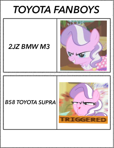 Size: 752x972 | Tagged: safe, banned from derpibooru, deleted from derpibooru, derpibooru import, diamond tiara, pony, bmw, bmw m3, fanboying, fanboys, hypocrisy, meme, toyota, toyota supra, triggered