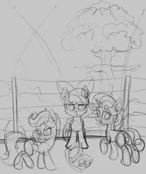 Size: 649x778 | Tagged: safe, artist:atlas-66, banned from derpibooru, deleted from derpibooru, derpibooru import, apple bloom, scootaloo, sweetie belle, pony, blank flank, button, cutie mark crusaders, cutie mark crusading, explosion, fence, monochrome, mushroom cloud, not a tree, sketch, this will end in death, this will end in tears, this will end in tears and/or death, trio