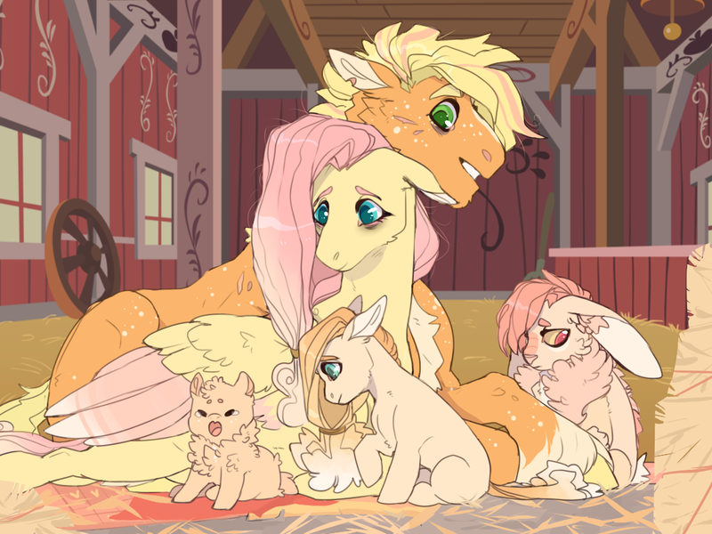 Size: 1120x840 | Tagged: safe, artist:dingobreath, banned from derpibooru, deleted from derpibooru, derpibooru import, fluttershy, oc, oc:johnny gold, oc:lark, oc:morning harvest, draconequus, hybrid, pony, alternate design, baby, baby pony, barn, bunny ears, chest fluff, colored wings, colt, couple, draconequus hybrid, draconequus oc, family, female, filly, gradient mane, hay, image, interspecies offspring, lying down, magical lesbian spawn, male, newborn, offspring, parent:applejack, parent:discord, parent:fluttershy, parents:appleshy, parents:discoshy, png, prone, story included, tired, wings