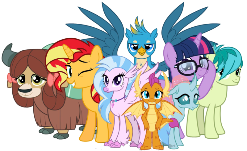 Size: 2048x1259 | Tagged: safe, artist:superbobiann, banned from derpibooru, deleted from derpibooru, derpibooru import, editor:superbobiann, gallus, ocellus, sandbar, sci-twi, silverstream, smolder, sunset shimmer, twilight sparkle, yona, ponified, changedling, changeling, dragon, earth pony, gryphon, hippogriff, pony, unicorn, yak, equestria girls, yakity-sax, dragoness, equestria girls ponified, female, simple background, student six, transparent background, unicorn sci-twi