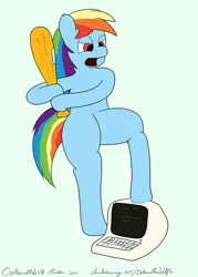 Size: 500x698 | Tagged: safe, artist:ookamithewolf1, banned from derpibooru, deleted from derpibooru, derpibooru import, rainbow dash, 30 minute art challenge, baseball bat, bipedal, computer