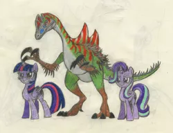 Size: 1626x1248 | Tagged: safe, artist:smcho1014, banned from derpibooru, deleted from derpibooru, derpibooru import, starlight glimmer, twilight sparkle, twilight sparkle (alicorn), oc, oc:wild sketchy, alicorn, dinosaur, pony, unicorn, colored pencil drawing, diloracheirus, female, group, hybrid dinosaur, male, mare, traditional art, trio