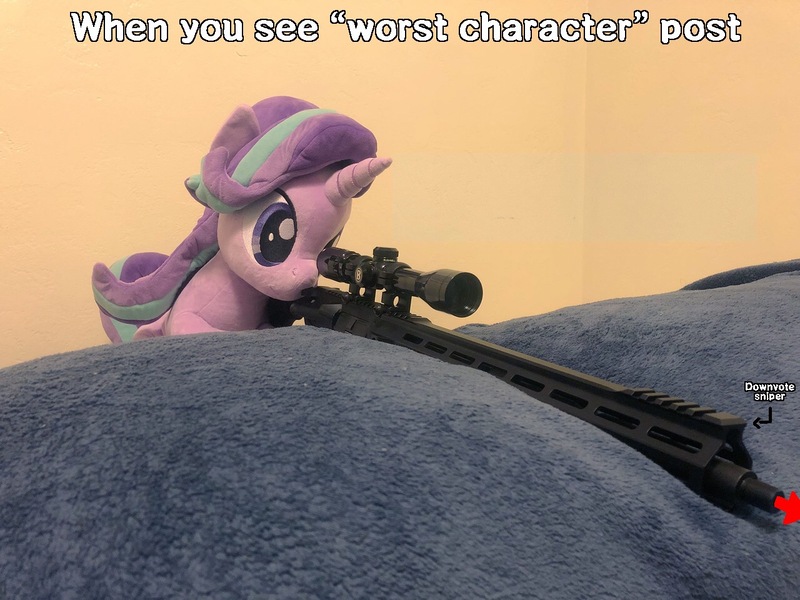 Size: 1280x960 | Tagged: safe, artist:nekokevin, banned from derpibooru, deleted from derpibooru, derpibooru import, edit, starlight glimmer, pony, series:nekokevin's glimmy, downvote, exploitable meme, gun, irl, meme, photo, plushie, snipelight glimmer, sniper, text, weapon, worst human, worst pony