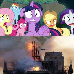 Size: 1280x1280 | Tagged: safe, banned from derpibooru, deleted from derpibooru, derpibooru import, screencap, applejack, fluttershy, pinkie pie, rainbow dash, rarity, twilight sparkle, the beginning of the end, spoiler:s09, cathedral, fire, france, mane six, notre dame, paris, photo, shocked, terrified