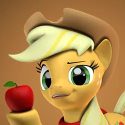 Size: 2160x2160 | Tagged: safe, artist:xppp1n, banned from derpibooru, deleted from derpibooru, derpibooru import, applejack, pony, 3d, apple, applejack's hat, brown background, cowboy hat, female, food, hat, looking at you, mare, simple background, solo, source filmmaker