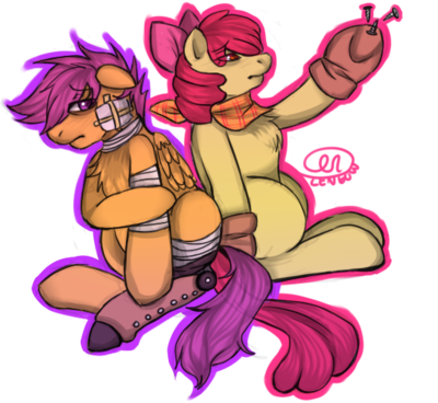 Size: 400x368 | Tagged: safe, banned from derpibooru, deleted from derpibooru, derpibooru import, apple bloom, scootaloo, prosthetics