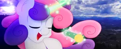 Size: 1398x571 | Tagged: safe, artist:thunder-artist, banned from derpibooru, deleted from derpibooru, derpibooru import, sweetie belle, pony, beautiful, cloud, cute, diasweetes, elegant, eyes closed, irl, live action, microphone, open mouth, photo, singing