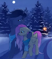 Size: 546x618 | Tagged: safe, artist:hiccupsdoesart, banned from derpibooru, deleted from derpibooru, derpibooru import, fluttershy, king sombra, clothes, fanfic art, female, male, moon, night, scarf, shipping, snow, sombrashy, straight