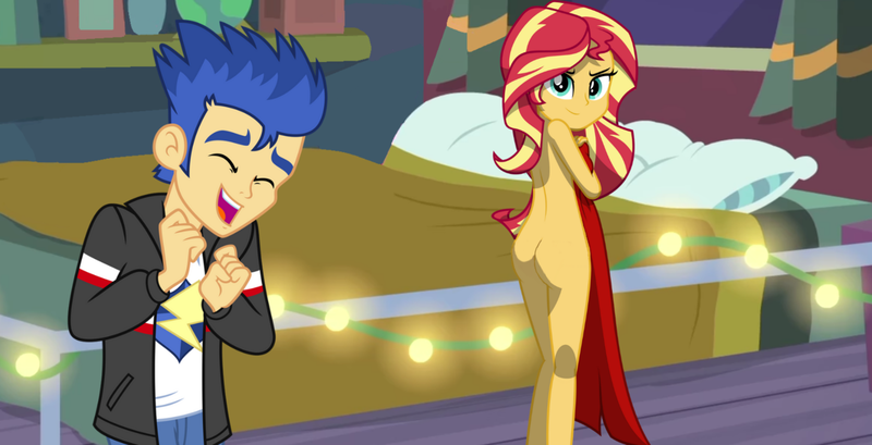 Size: 1280x654 | Tagged: suggestive, artist:spriteenfartist, artist:swiftgaiathebrony, banned from derpibooru, deleted from derpibooru, derpibooru import, edit, sunset shimmer, equestria girls, ass, bed, butt, clothed male nude female, nude edit, nudity, string lights, sunset's apartment