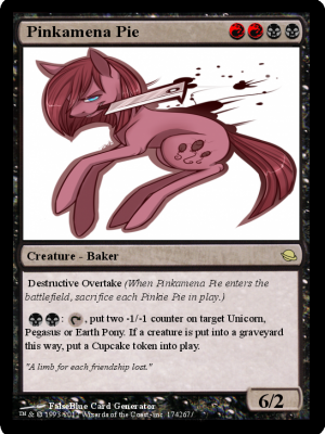 Size: 300x400 | Tagged: safe, artist:morkemime, banned from derpibooru, deleted from derpibooru, derpibooru import, edit, pinkie pie, ccg, magic the gathering, pinkamena diane pie, trading card, trading card edit