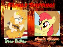 Size: 2048x1536 | Tagged: safe, banned from derpibooru, deleted from derpibooru, derpibooru import, edit, edited screencap, editor:lonely fanboy48, screencap, apple bloom, applejack, big macintosh, granny smith, pear butter, the perfect pear, apple family, applejack's hat, cowboy hat, cute, family, female, forest, guitar, happy, hat, mother and child, mother and daughter, musical instrument, shipping