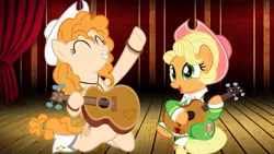 Size: 1280x720 | Tagged: safe, artist:ironm17, artist:jhayarr23, banned from derpibooru, deleted from derpibooru, derpibooru import, edit, applejack, pear butter, pony, sparkle's seven, the perfect pear, apple chord