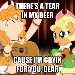 Size: 600x600 | Tagged: safe, artist:ironm17, artist:jhayarr23, banned from derpibooru, deleted from derpibooru, derpibooru import, edit, applejack, pear butter, sparkle's seven, the perfect pear, apple chord, caption, country music, female, image macro, mother and child, mother and daughter, text