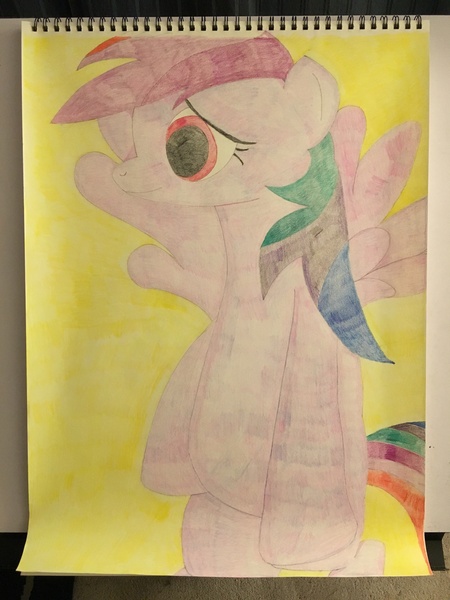 Size: 3024x4032 | Tagged: safe, artist:big-kid, banned from derpibooru, deleted from derpibooru, derpibooru import, rainbow dash, fly, insect, pony, colored pencil drawing, flight, flying, highlight, highlights, mane, solo, stripes, tail, traditional art, wings