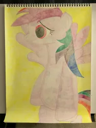 Size: 3024x4032 | Tagged: safe, artist:big-kid, banned from derpibooru, deleted from derpibooru, derpibooru import, rainbow dash, fly, insect, pony, colored pencil drawing, flight, flying, highlight, highlights, mane, solo, stripes, tail, traditional art, wings