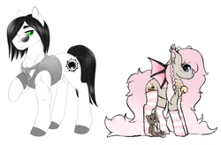 Size: 1850x1217 | Tagged: safe, artist:pastel-pony-princess, artist:peridotkitty, banned from derpibooru, deleted from derpibooru, derpibooru import, edit, oc, oc:alexander, oc:tiramisu, unofficial characters only, bat pony, earth pony, pony, bell, bell collar, butt freckles, clothes, collar, female, freckles, heart eyes, male, necktie, oc x oc, shipping, shoulder freckles, simple background, socks, straight, striped socks, teddy bear, vest, white background, wingding eyes