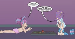 Size: 945x498 | Tagged: safe, artist:lance-the-young, banned from derpibooru, deleted from derpibooru, derpibooru import, starlight glimmer, trixie, human, age regression, board game, diaper, dragon pit, humanized
